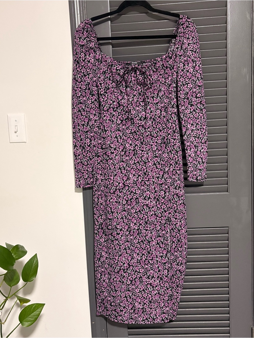 Bershka Black Midi Dress with Pink Floral Print